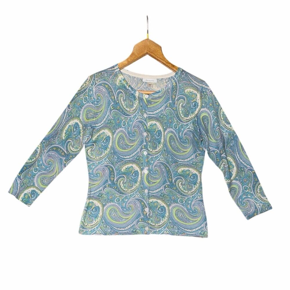 Garnet Hill blue green paisley button front lightweight cardigan sweater medium